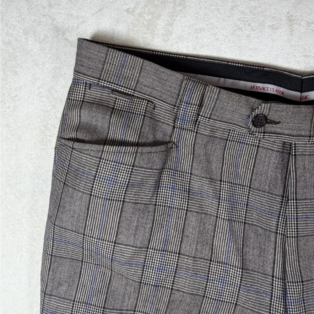 Versace Classic Made in Italy 38W 100% Wool Black and Blue Glen Plaid Dress Pant